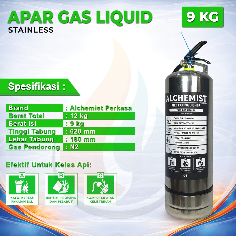 APAR Stainless 9 KG Isi Clean Agent Eco Liquid Gas - Full Set - Siap Pakai - Gambar 2